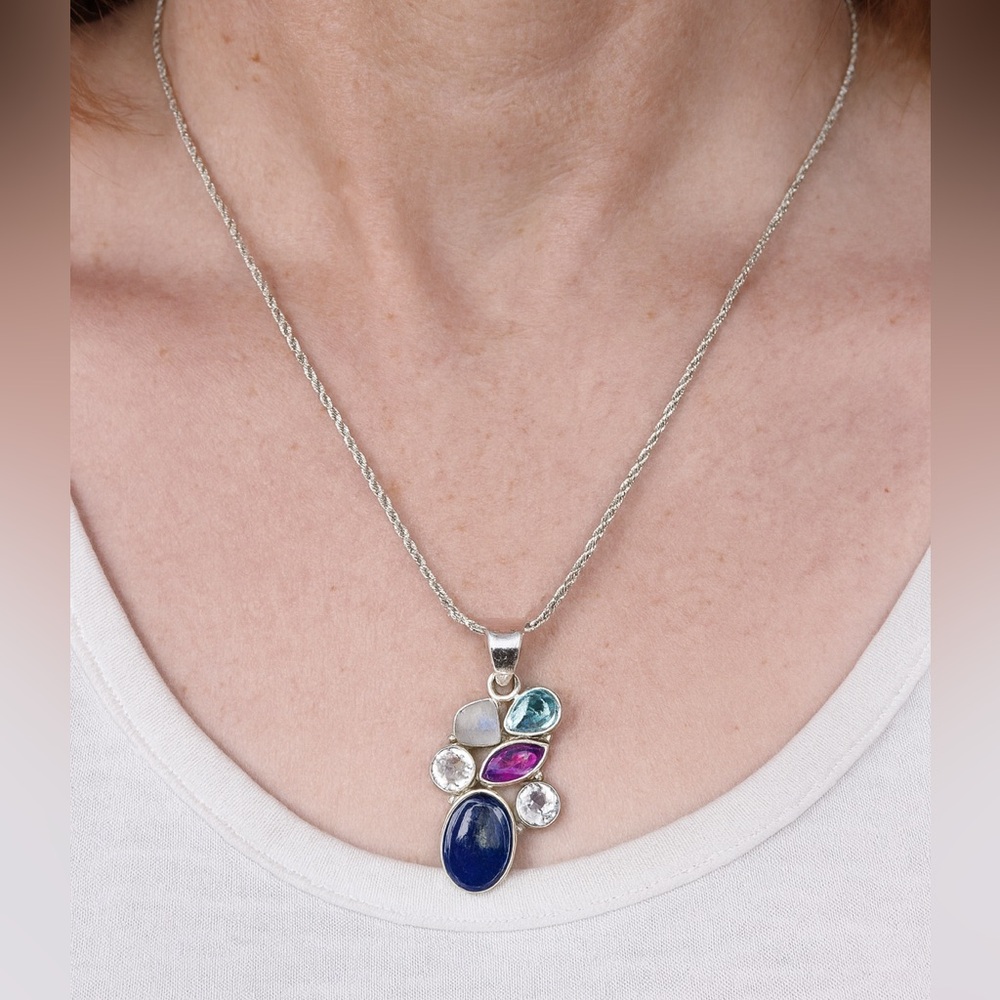 Sterling Silver Multiple Gemstone Pendant Artisan Made